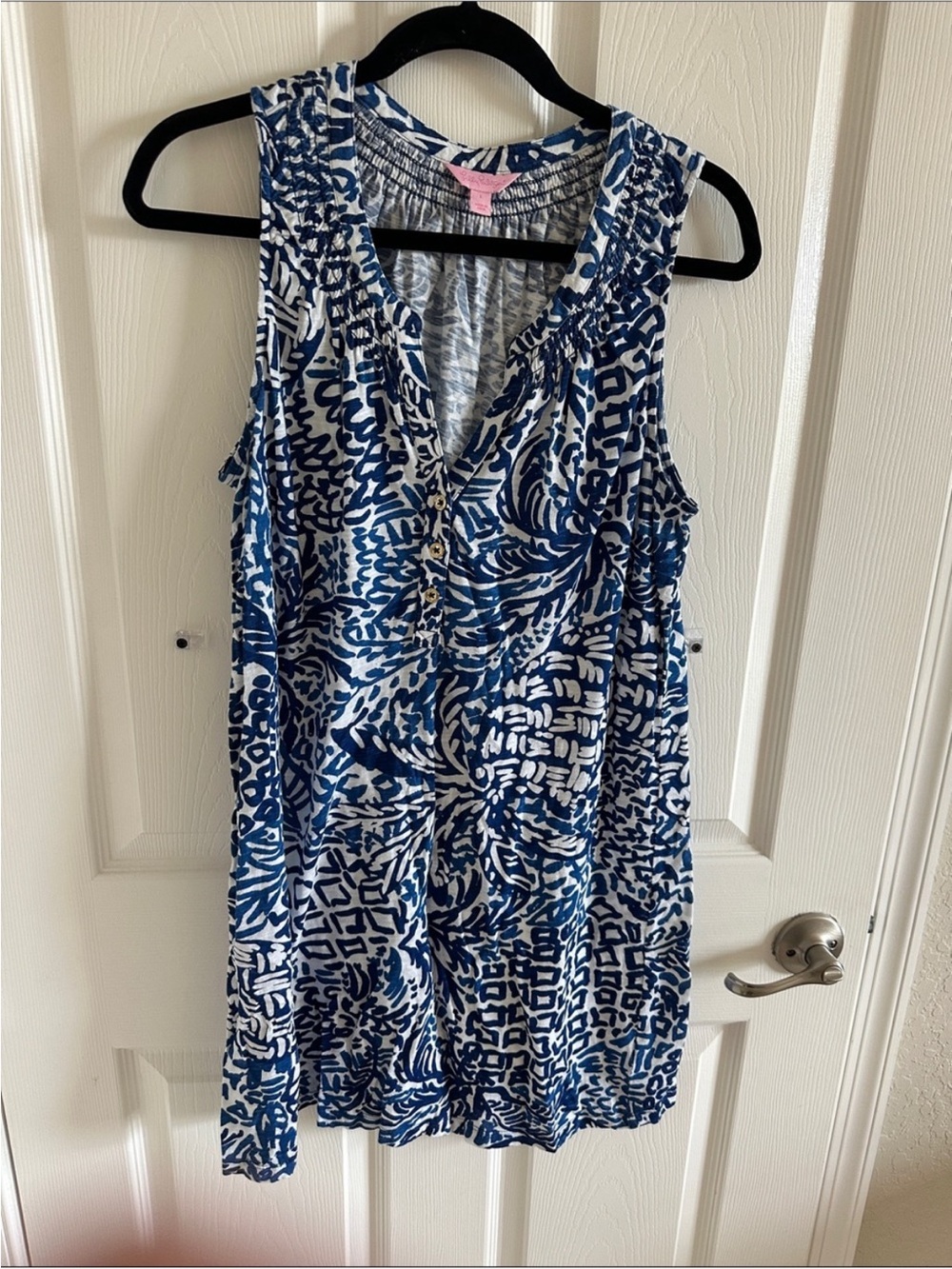 Blue and White Printed Sleeveless Tunic Dress